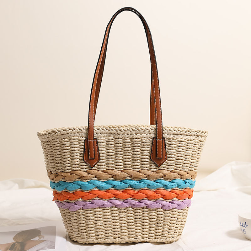 Bohemian One Shoulder Straw Bag Rainbow Stripes Straw Bag Woven Bag Vacation Beach Bag Women Bag