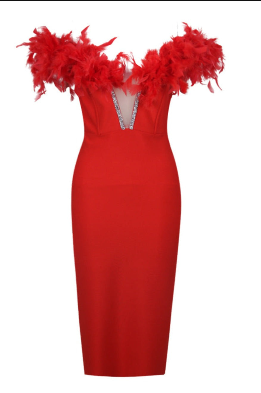 Red Feathered Bandage Dress