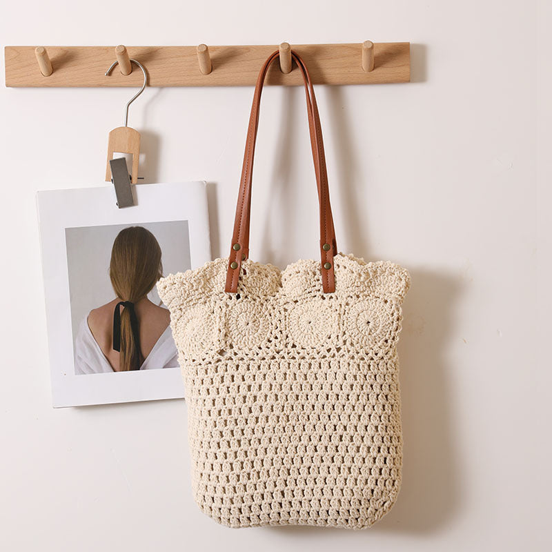 Hollow Out Cutout Floral Single Shoulder Cotton Thread Woven Bag Lace Straw Bag Vacation Beach Bag Office Women Bag