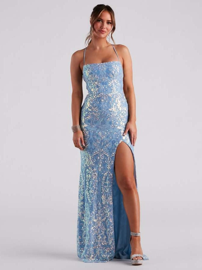 Sexy off Neck Sequined Floor Evening Dress Elegant Slit Cocktail Dress (3 Colors)