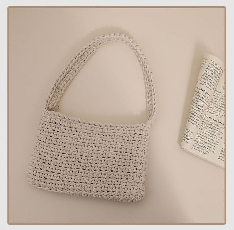 All Match Shoulder Cotton Thread Woven Bag Fresh Square Underarm Bag Straw Bag Solid Color Office Handbag Women