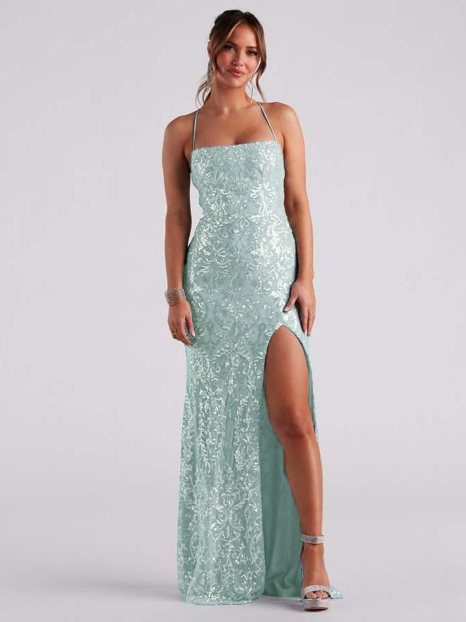 Sexy off Neck Sequined Floor Evening Dress Elegant Slit Cocktail Dress (3 Colors)