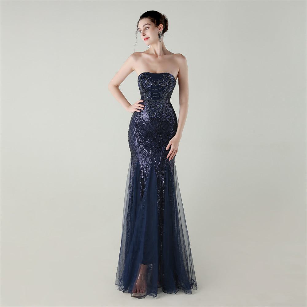Mesh Heavy Industry Beaded Tube Floral Evening Dress Tube Top Fishtail Dress Swing Cocktail Social Socialite