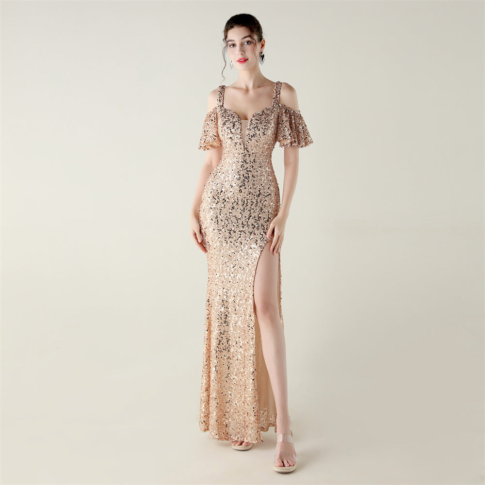 Bead Tube Sequin Heavy Industry Evening Dress Short Sleeve off the Shoulder Deep V Plunge High Slit Fishtail Dress Cocktail Socialite