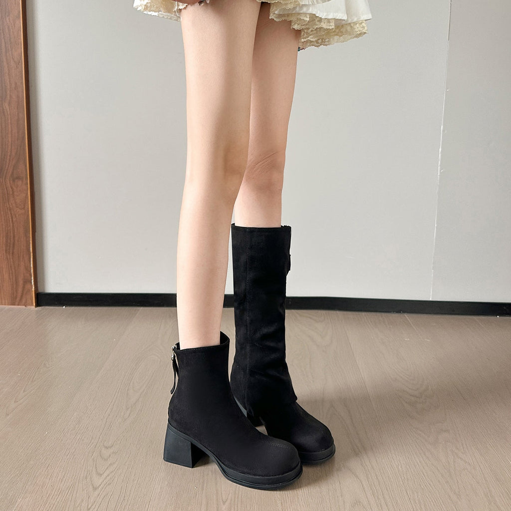 Two Way Wear Long Boots Autumn Winter Detachable Pile Boots Thick High Heel Platform High Leg Boot Retro Pantyhose Boots