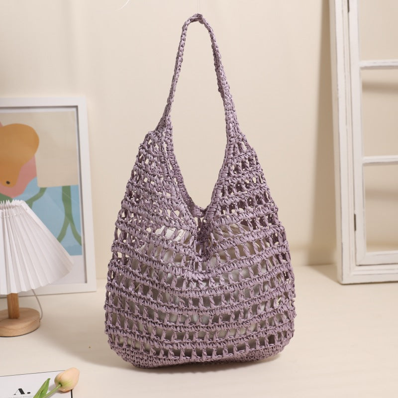 French Large Capacity Shoulder Straw Bag Hollow Out Cutout Tote Portable Straw Bag Woven Bag Seaside Vacation Beach Bag