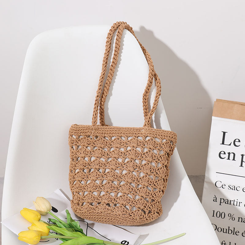 Korean Hollow Out Cutout Cotton Thread Hand Woven Bag Chi Elegant One Shoulder Portable Straw Weaved Bag Seaside Vacation Beach Bag