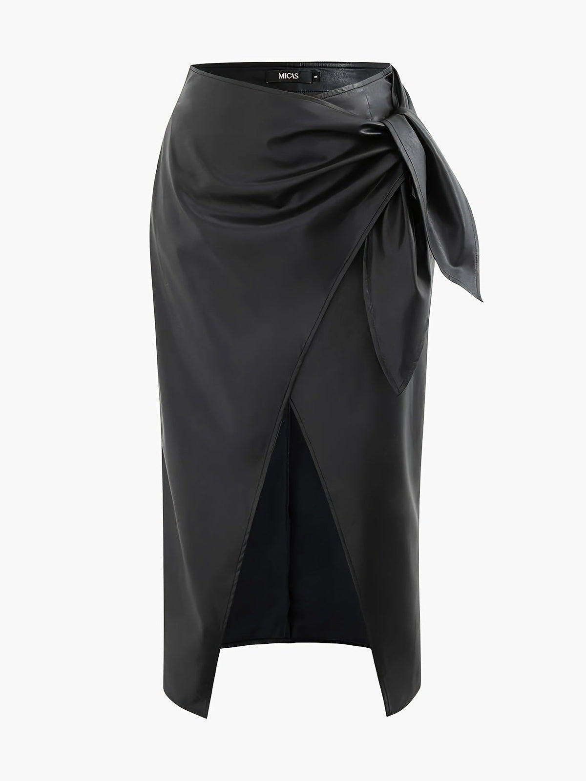 Lady Elegant Bow Waist Faux Leather Glossy Split Skirt