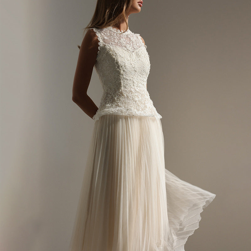 Women Elegant High Grade Dress Summer Lace Embroidered Mesh Stitching Sleeveless Dress