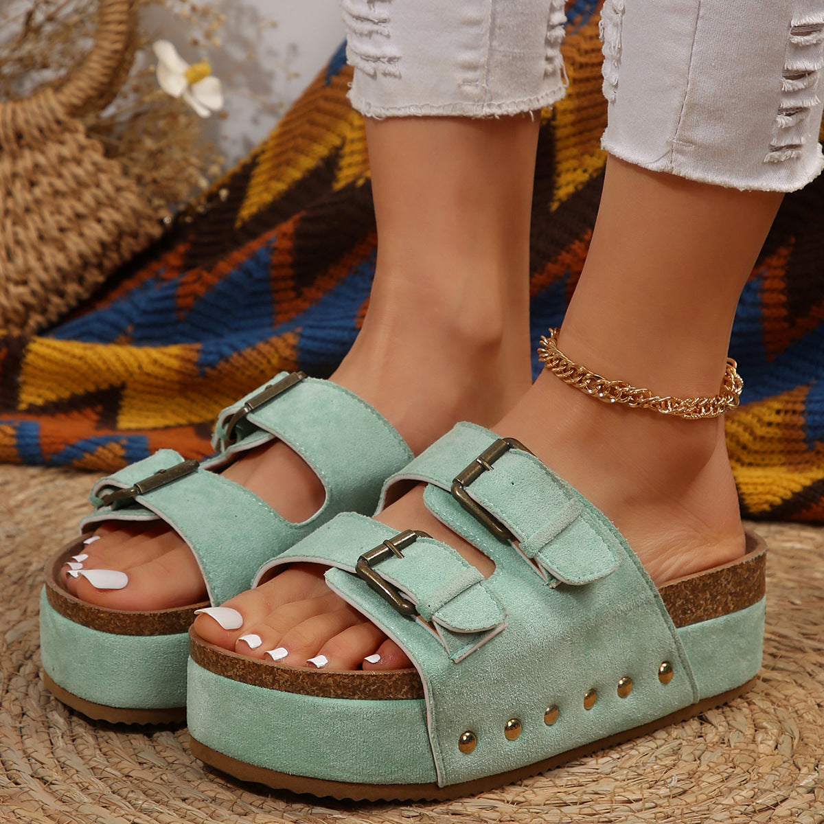 Thick Bottom Boken Rivet Slippers Women Outer Wear Metal Buckle Muffin Bottom Sandals