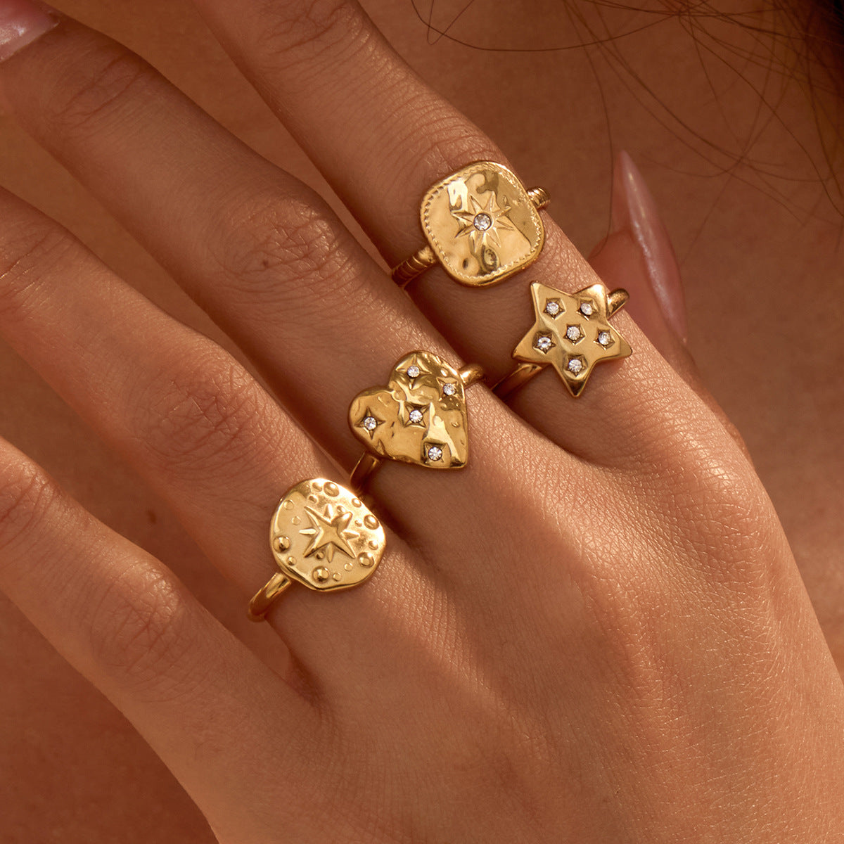 Affordable Luxury Texture Adjustable Ring Stainless Steel Plated 18K Real Gold Design Hand Jewelry