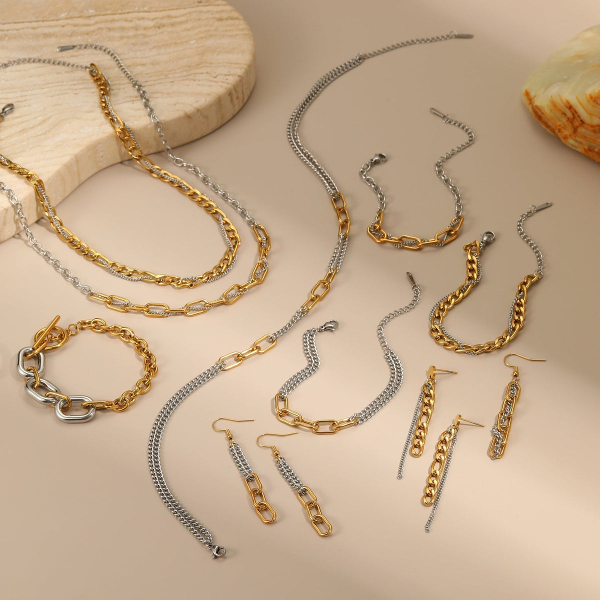 Gold Silver Color Matching Chain Design Stainless Steel Earrings Necklace Titanium Steel Bracelet Ornament