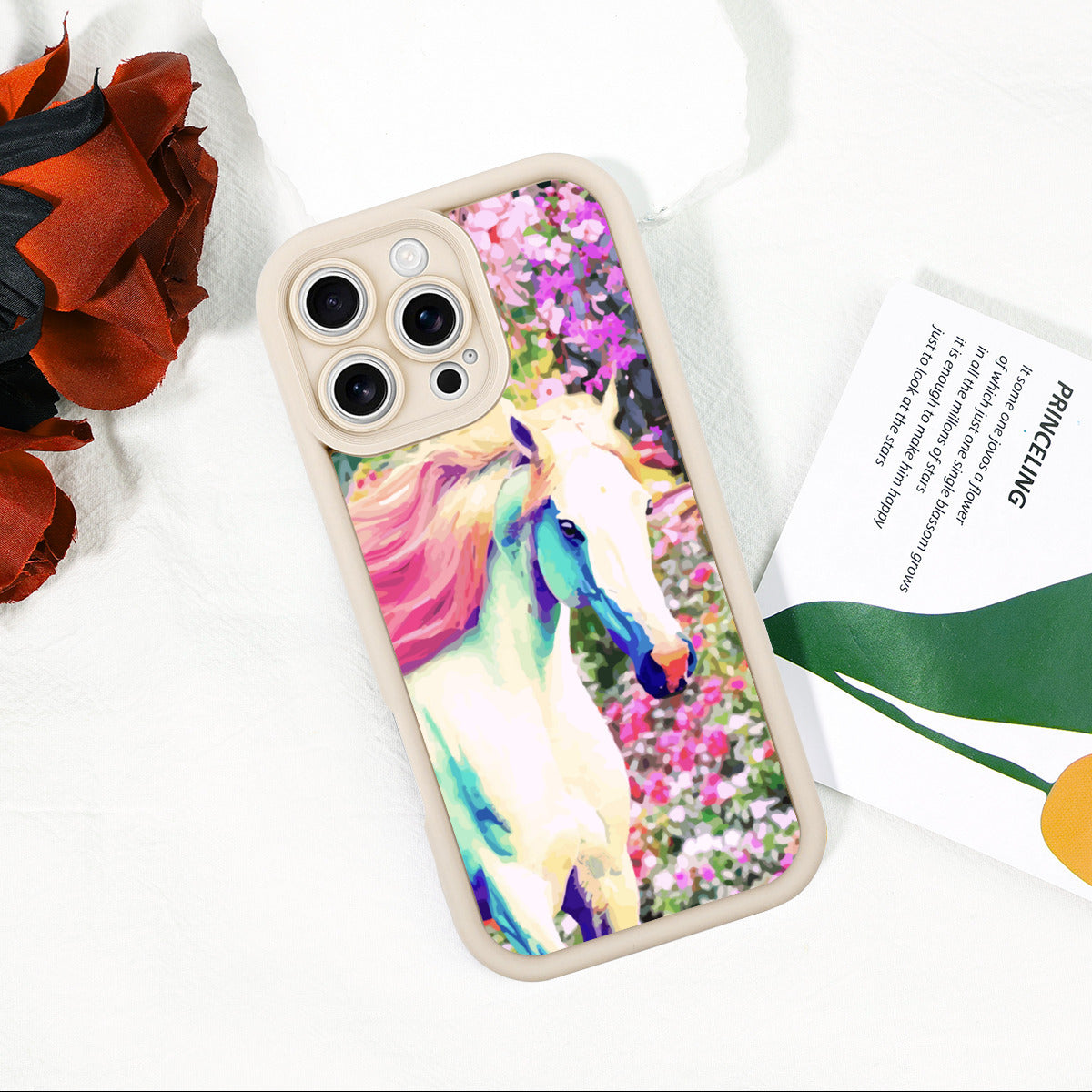 White Horse with Floral Background iPhone 16promax Mobile Phone Case