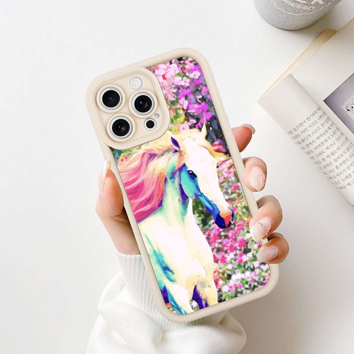 White Horse with Floral Background iPhone 16promax Mobile Phone Case