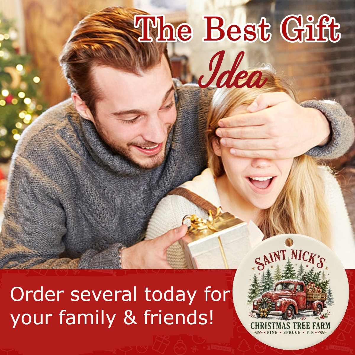 Vintage Pickup Saint Nick's Christmas Tree Farm Round Ceramic Ornament