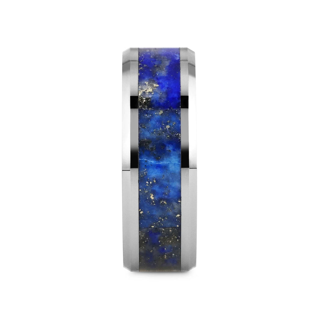 OSIAS Men’s Polished Tungsten Wedding Band with Blue Lapis Inlay & Beveled Edges - 8mm