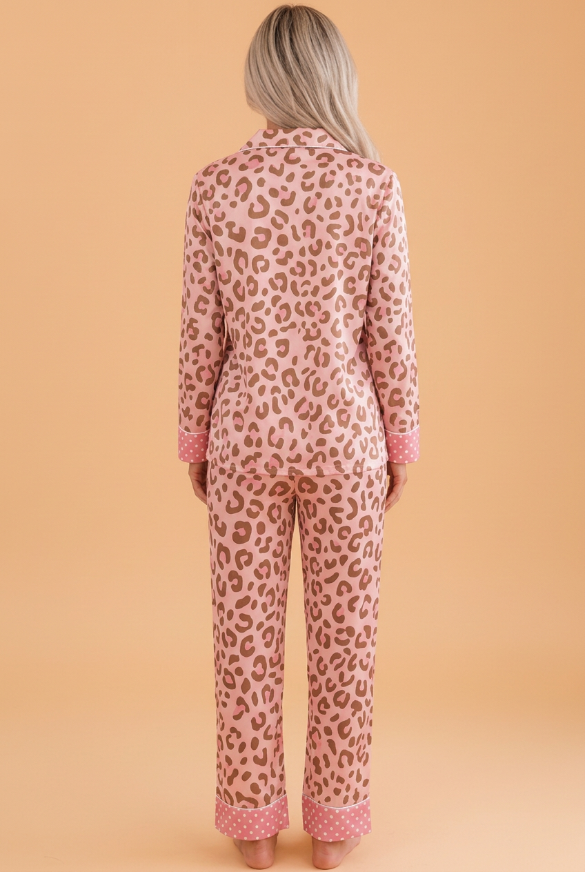 Leopard Polka Dot Trim Top & Pants Pajama Set