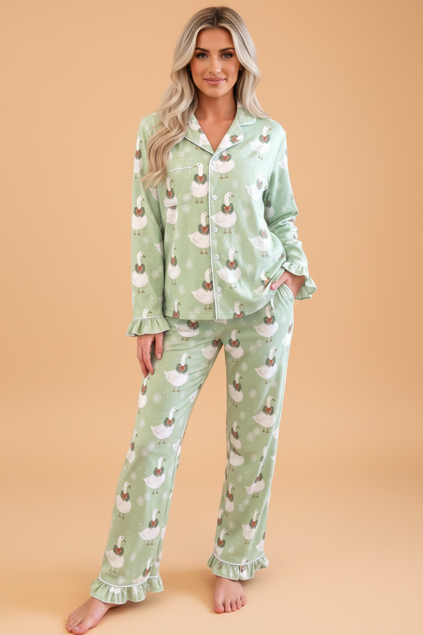 Christmas Goose Ruffle Shirt & Pants Pajama Set