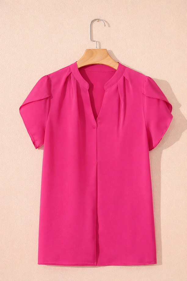 Solid Notched Neck Petal Sleeve Blouse