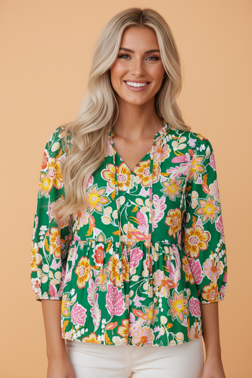 Floral Puff Sleeve V-Neck Peplum Blouse
