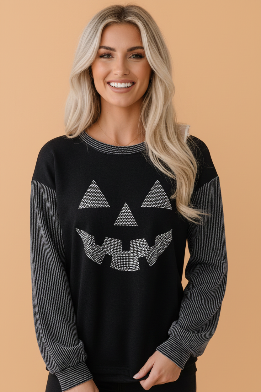 Halloween Pumpkin Rhinestone Patchwork Long Sleeve Top