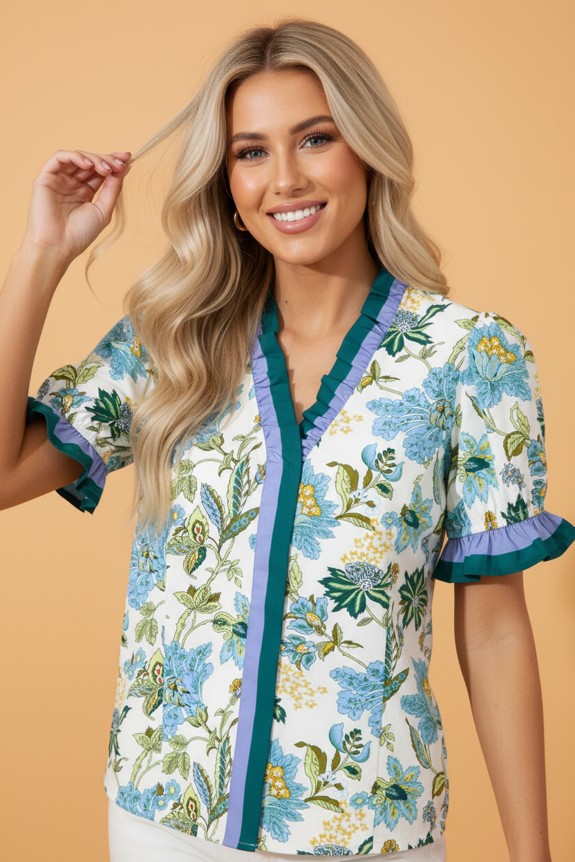 Floral Contrast Frill Stripe Trim Blouse