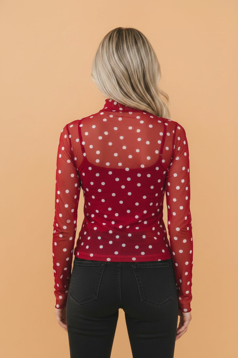 Polka Dot Mesh Bodycon Mock Neck Top