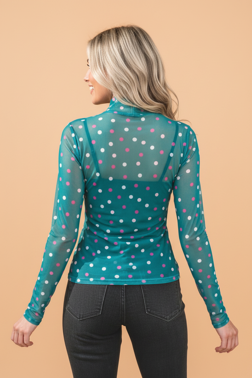Polka Dot Mesh Bodycon Mock Neck Top