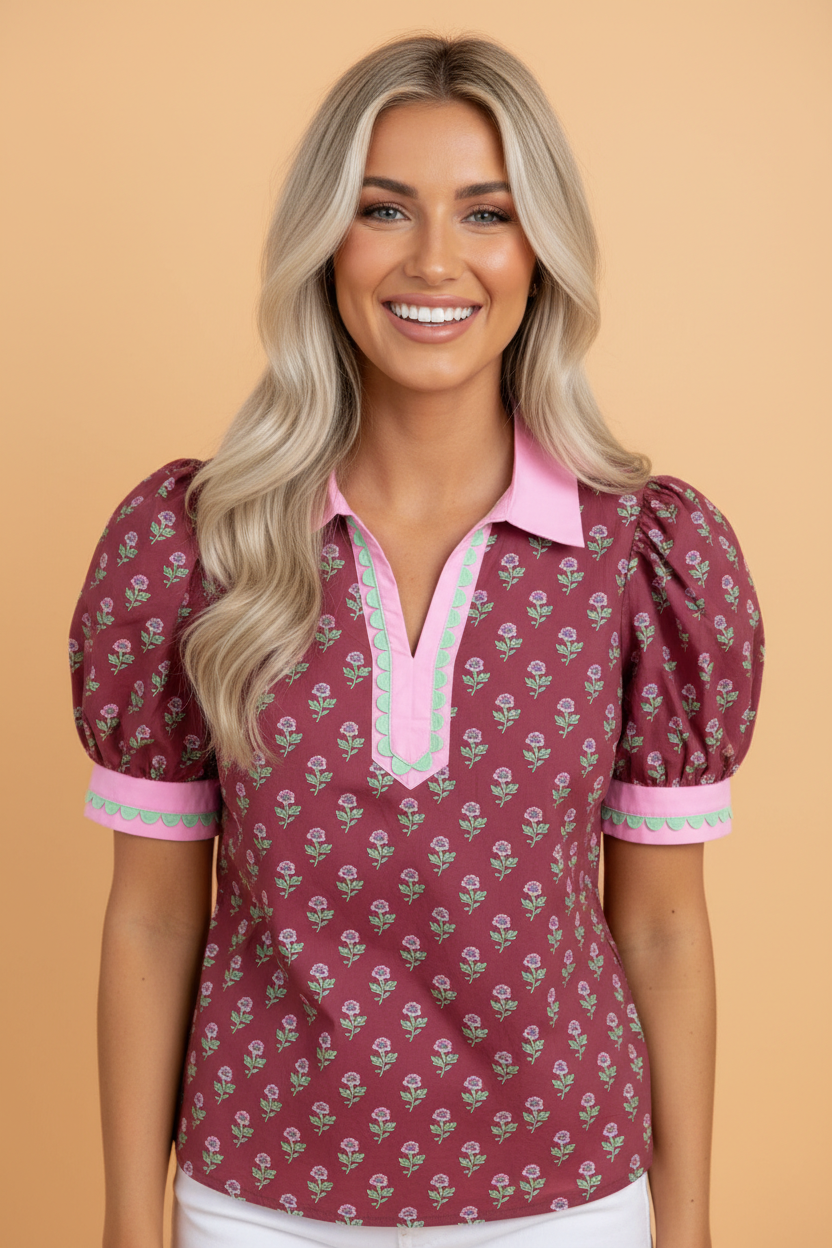 Floral Contrast Collared V-Neck Ricrac-Trim Blouse
