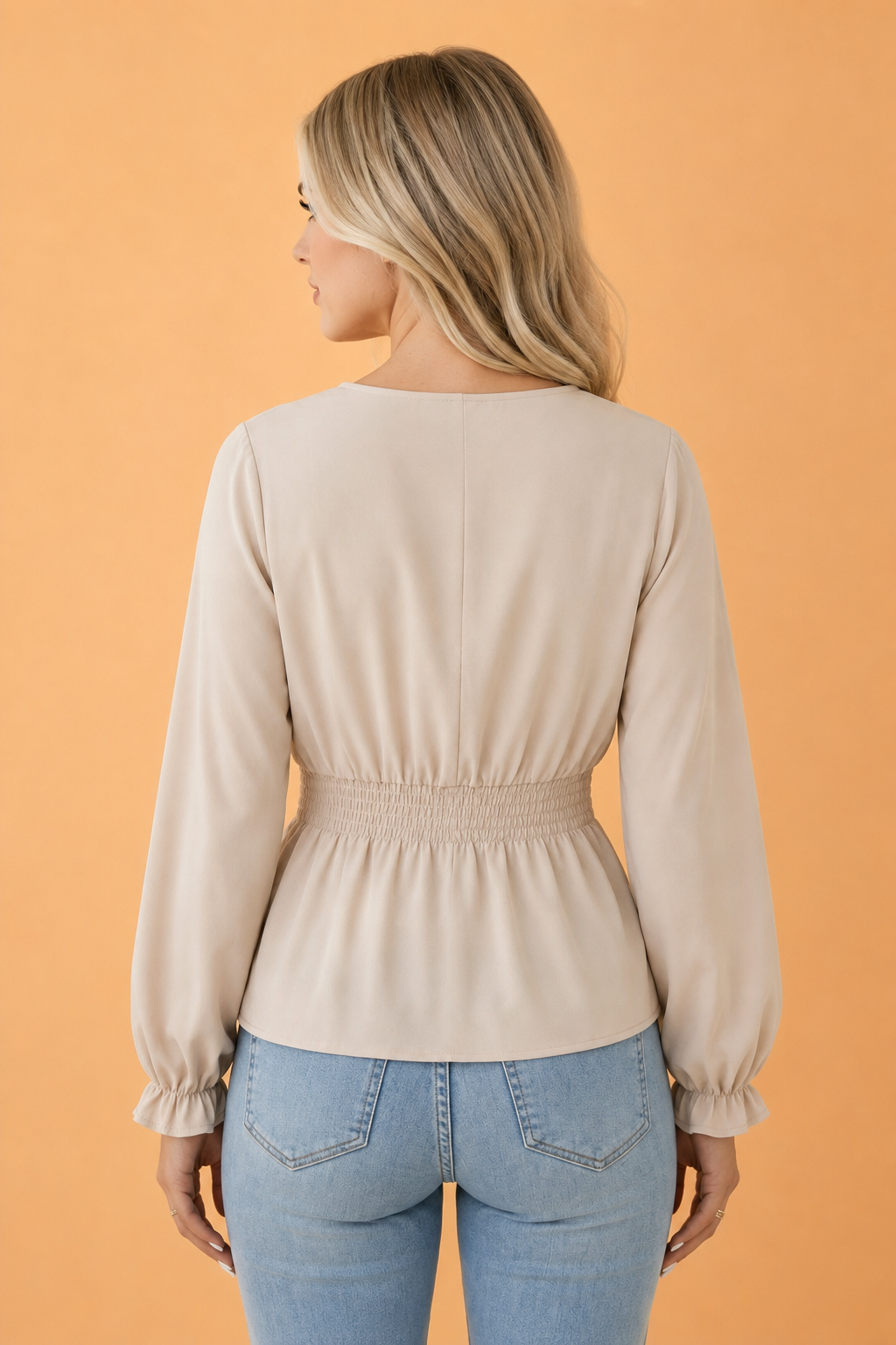 Solid V-Neck Long Sleeve Smocked Waist Blouse