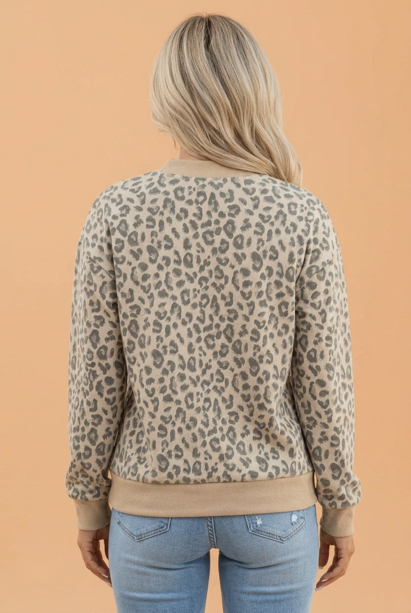Leopard Ribbed Trim Mock Neck Long Sleeve Top