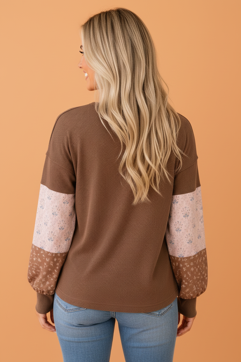 Floral Patchwork Waffle Knit Long Sleeve Top
