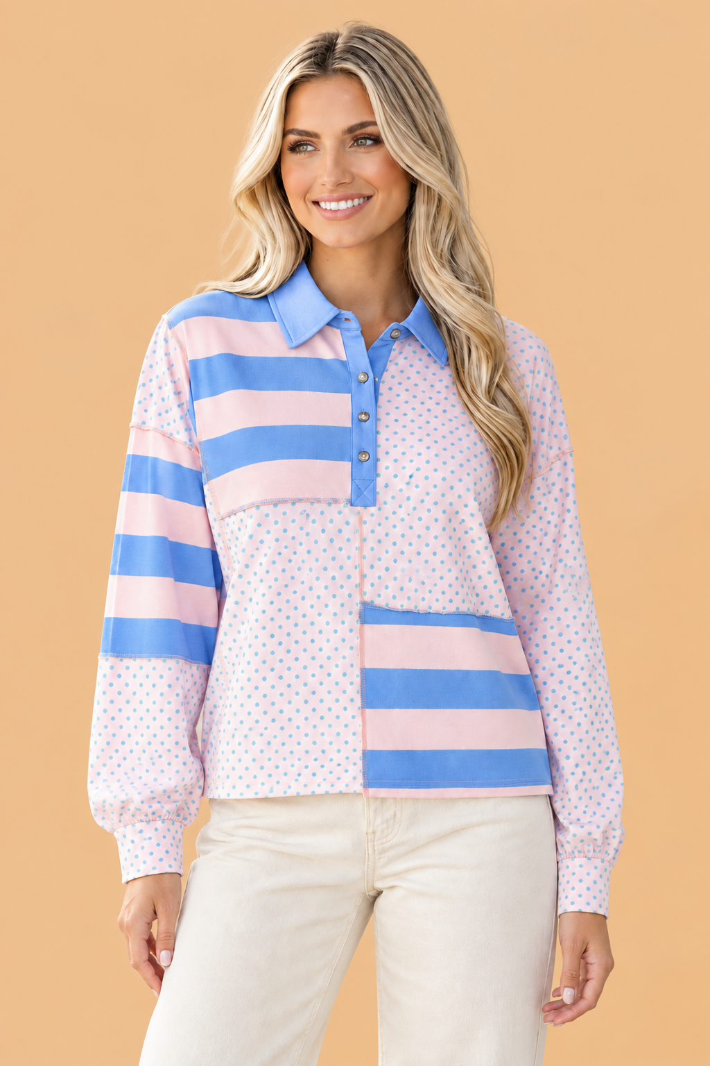 Stripe Polka Dot Patchwork Exposed Seam Polo Top