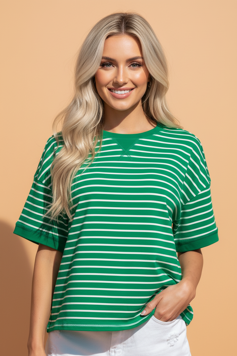 Stripe Ribbed Patchwork Short Sleeve Tee