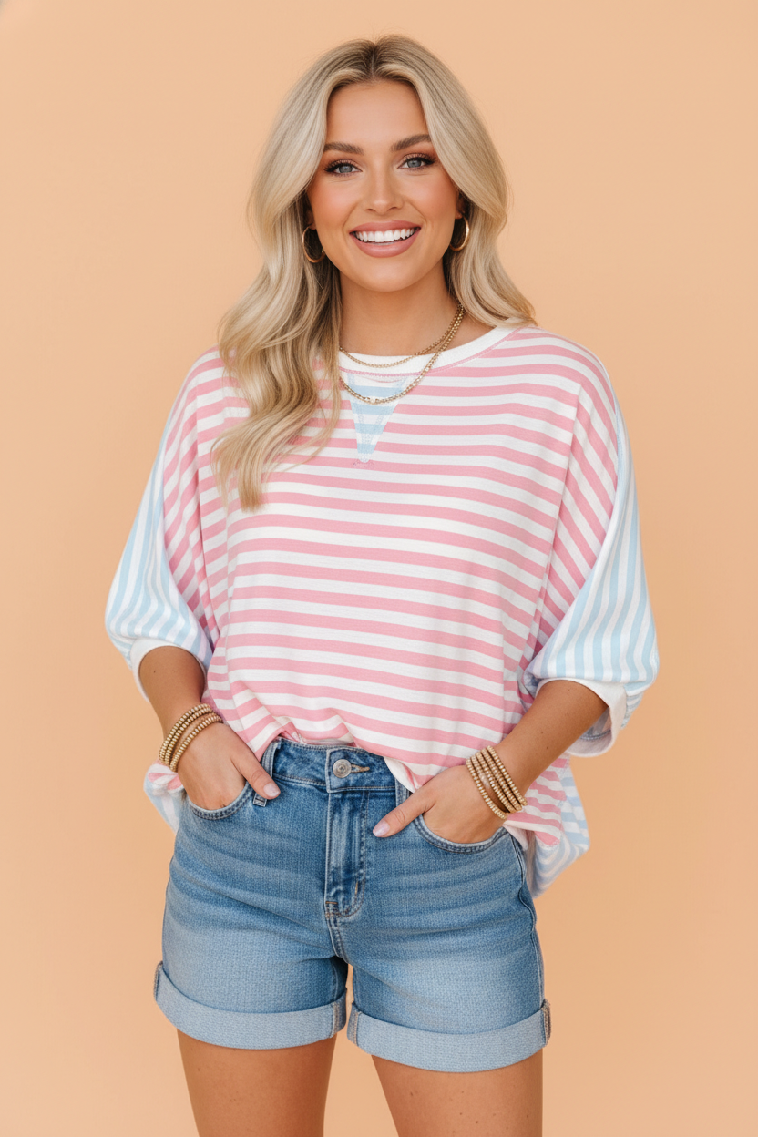 Stripe Oversize Dolman Sleeve Patchwork T-Shirt