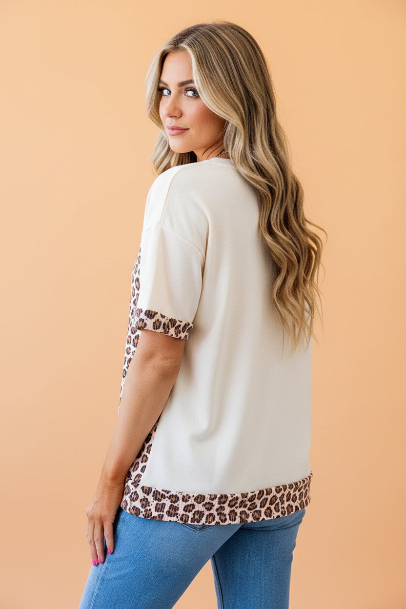 Leopard Ribbed Patchwork Uneven Hem T-Shirt