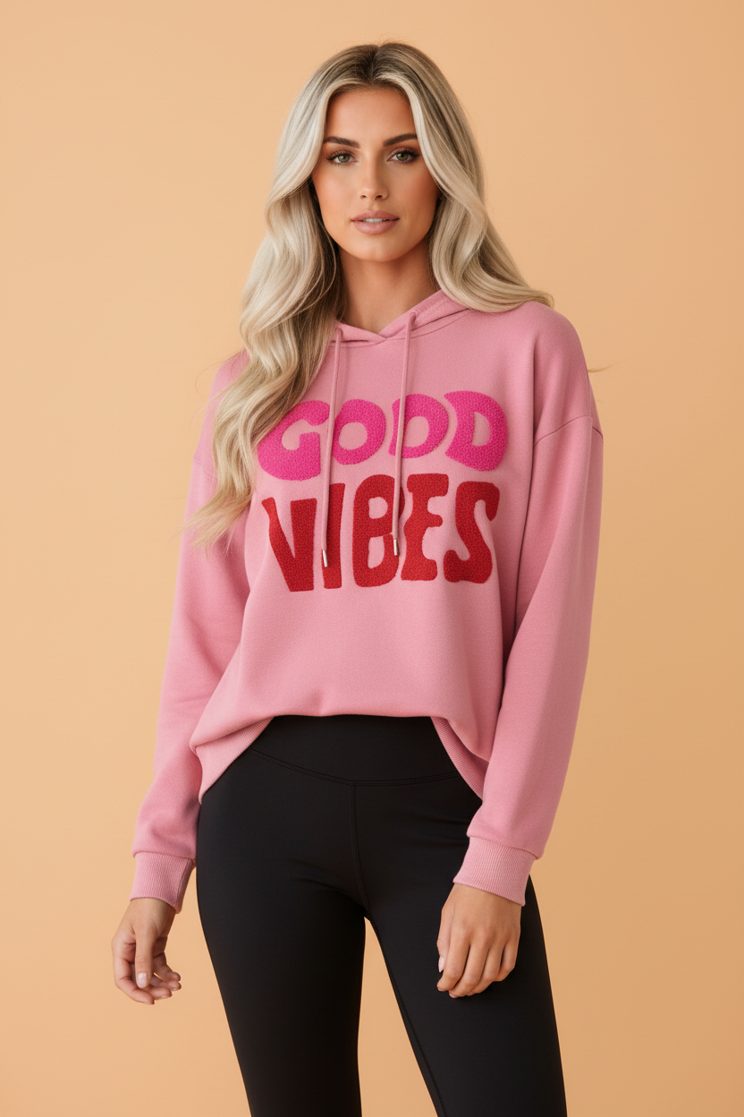 GOOD VIBES Textured Letter Print Drawstring Hoodie