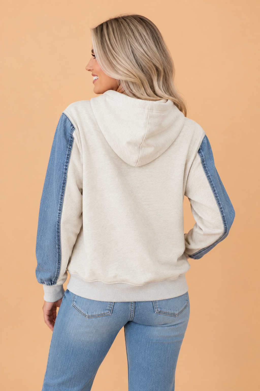 Colorblock Denim Patchwork Kangaroo Pocket Hoodie