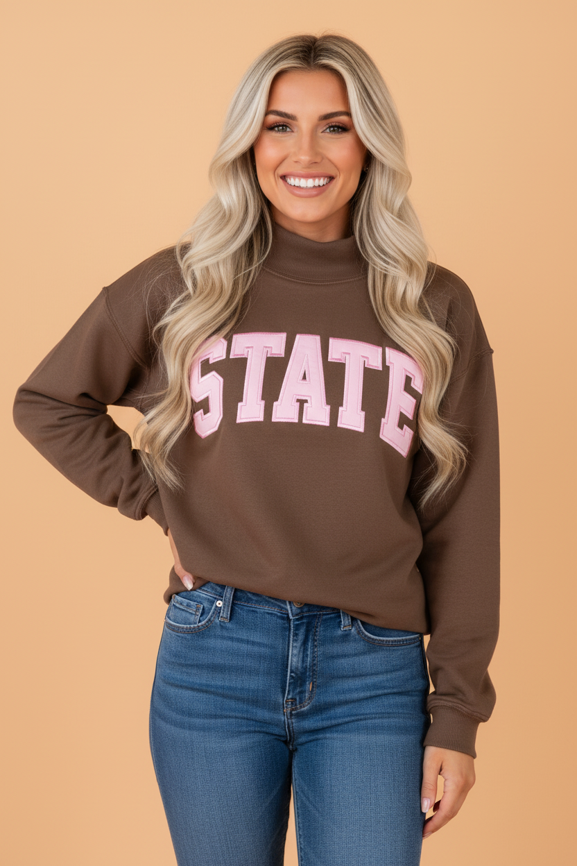 STATE Letter Print Exposed Seam Mock Neck Sweatshirt