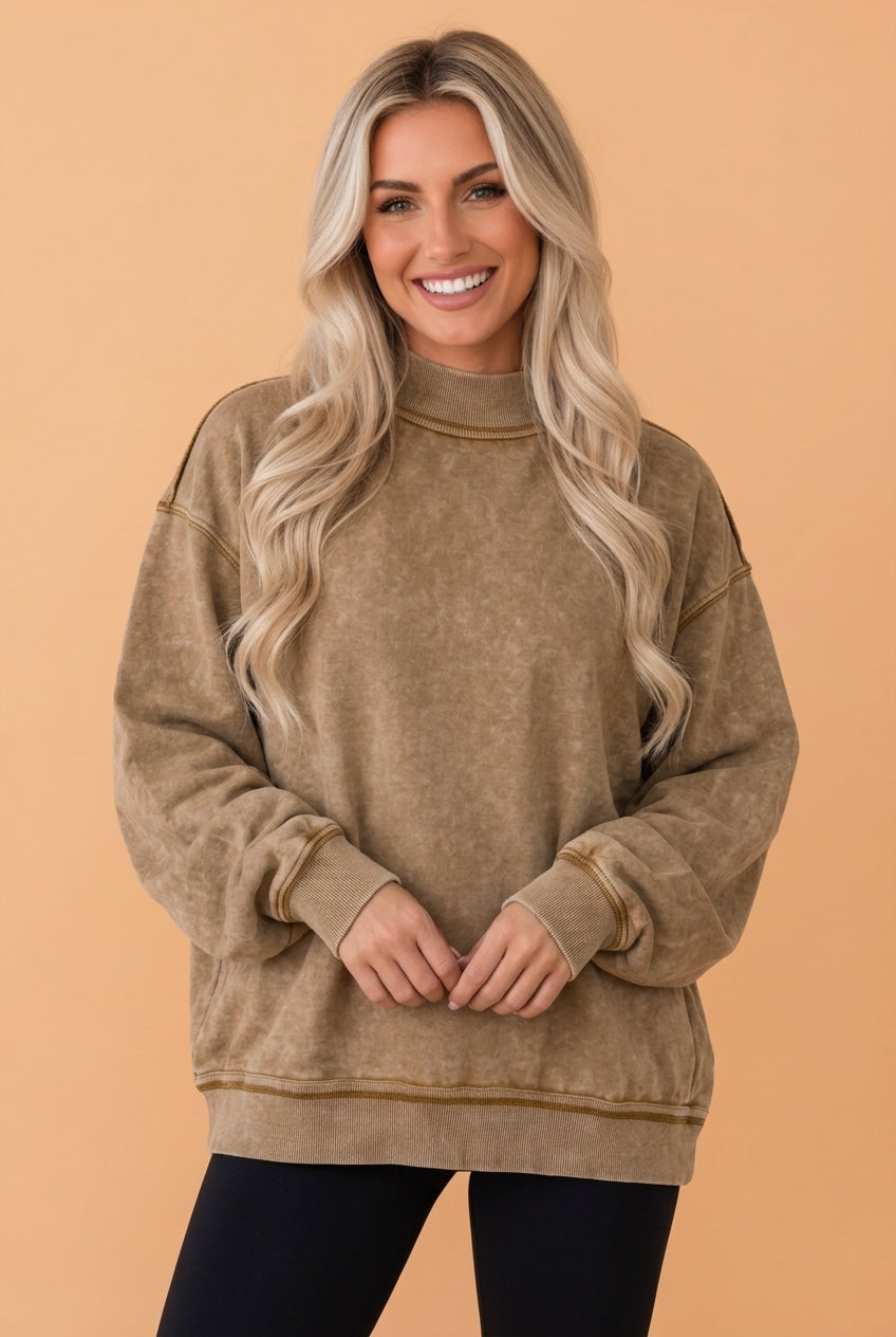 Mineral Wash Mock Neck Drop Shoulder Sweatshirt