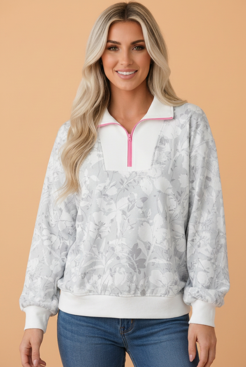Floral Quarter Zip Collar Drop Shoulder Sweatshirt