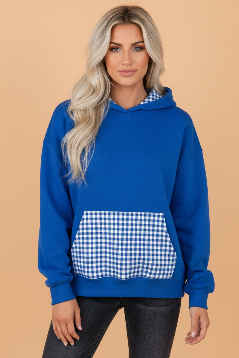 Gingham Patchwork Kangaroo Pocket Hoodie