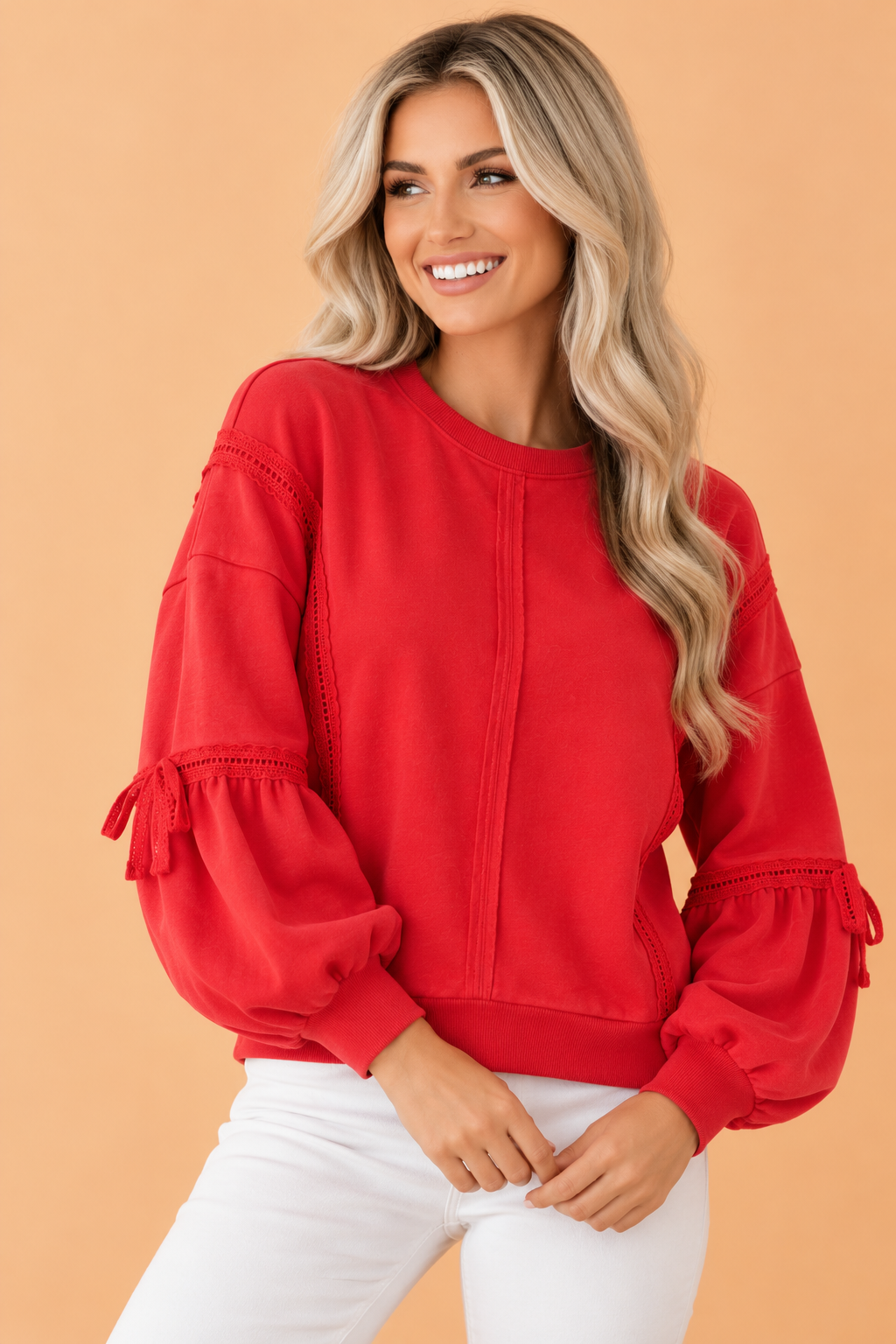 Lace Trim Bow Tie Sleeve Raw Seam Sweatshirt