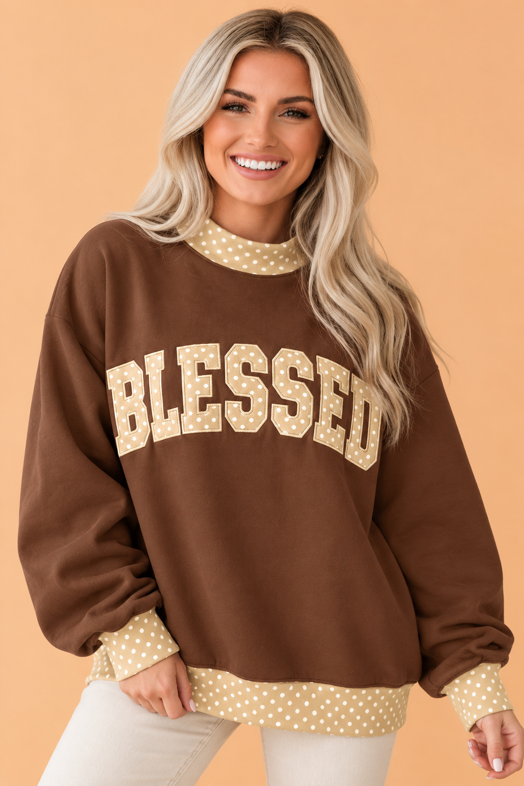 BLESSED/FAITH Contrast Trim Mock Neck Oversized Sweatshirt
