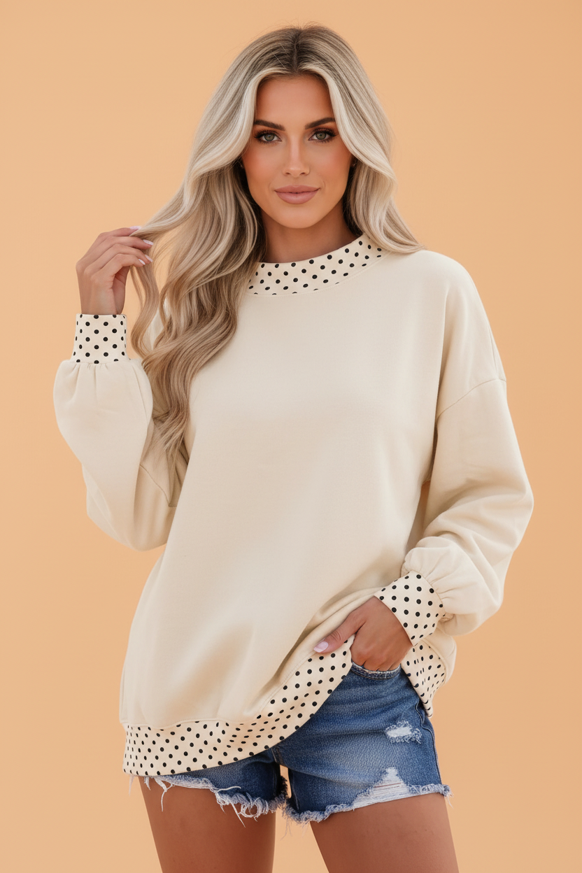 Polka Dot Contrast Trim Mock Neck Sweatshirt