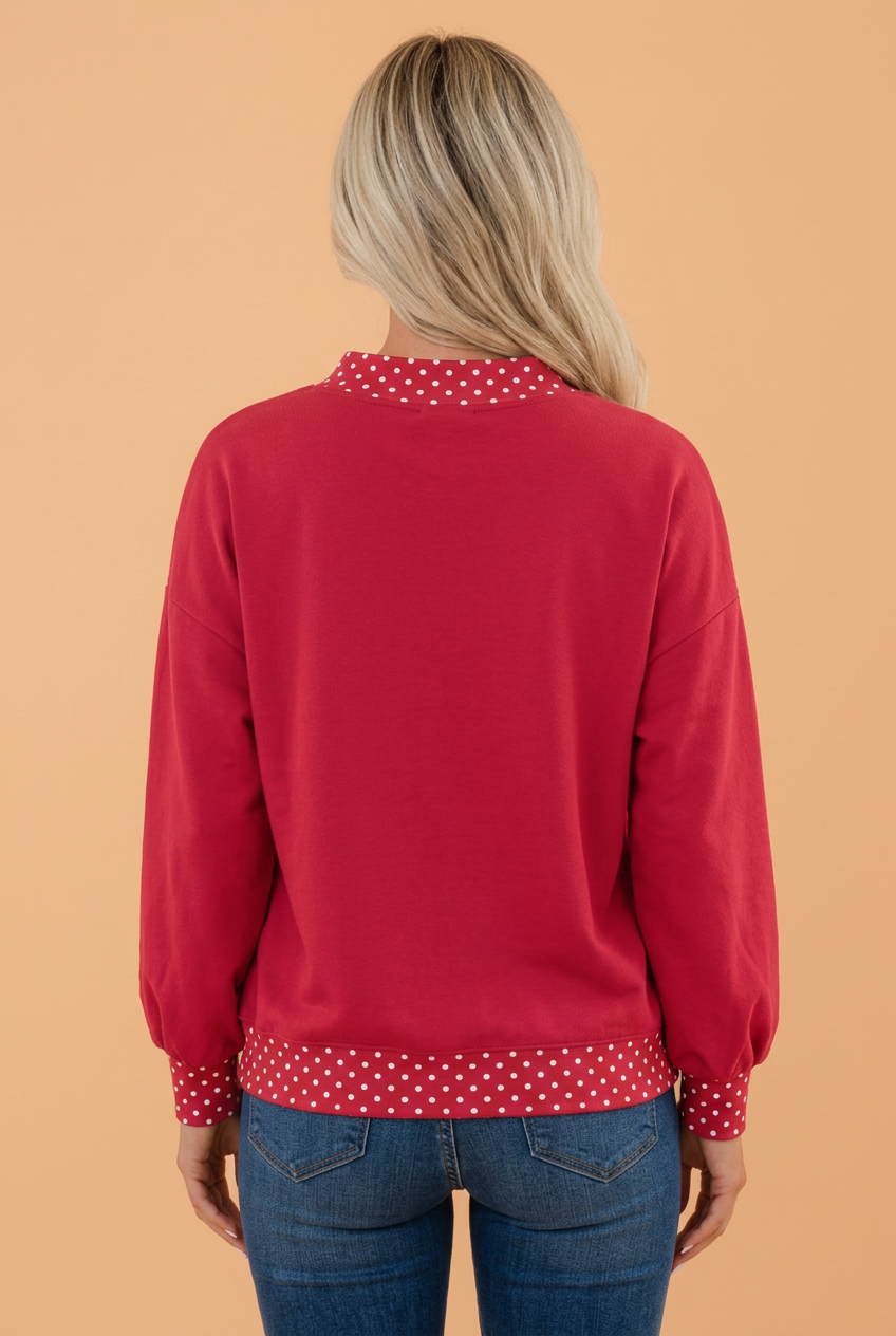 Polka Dot Contrast Trim Mock Neck Sweatshirt