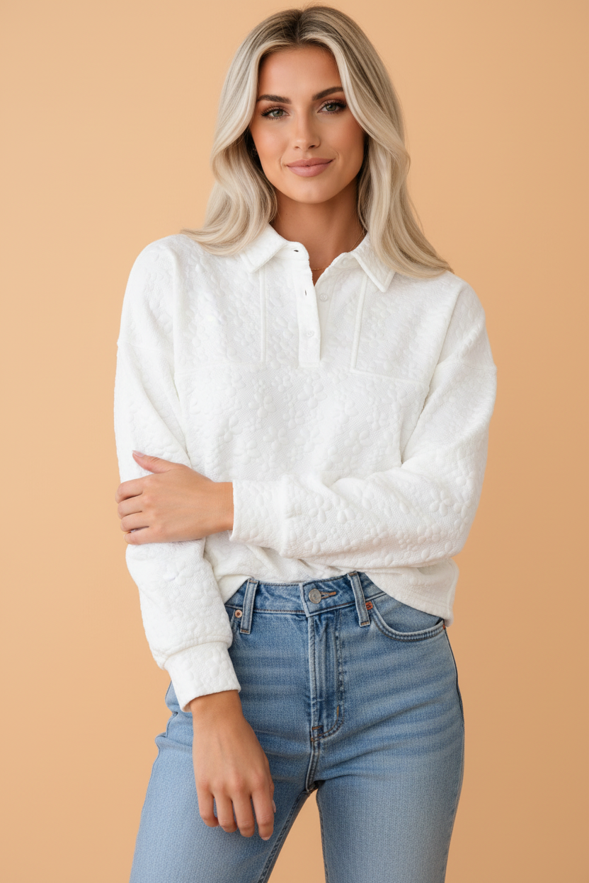 Solid Floral Textured Buttoned Collar Sweatshirt