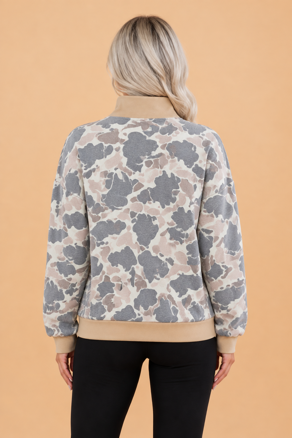 Camo Colorblock Zip Up Stand Neck Sweatshirt