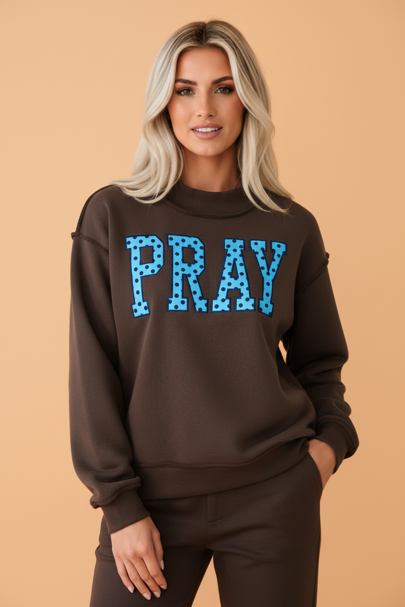PRAY Letter Print Embroidered Mock Neck Sweatshirt
