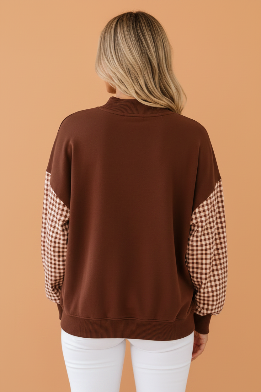 Gingham Colorblock Mock Neck Long Sleeve Sweatshirt